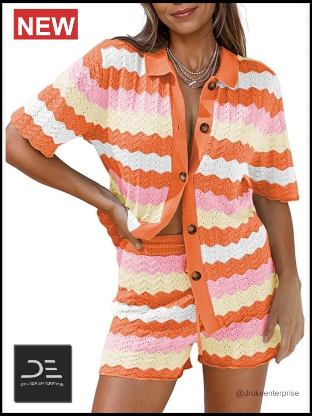 2 Piece Knit Shorts Set Button Down Top and High Waist Shorts Lounge Set